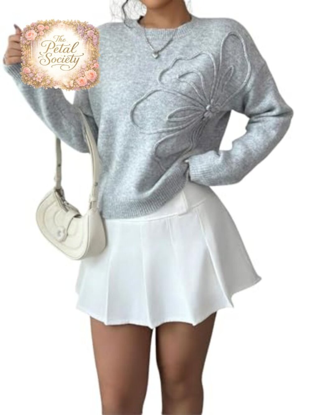 3D Flower Applique Crewneck Sweater Drop Shoulder Loose Fit Pullover